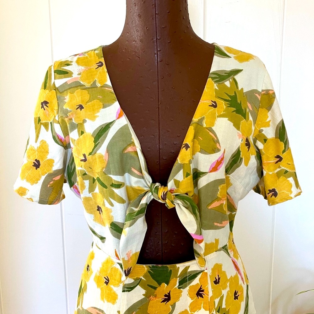 L-Space. Floral print in chartreuse tones, one piece skirt jumper.  Sm/med